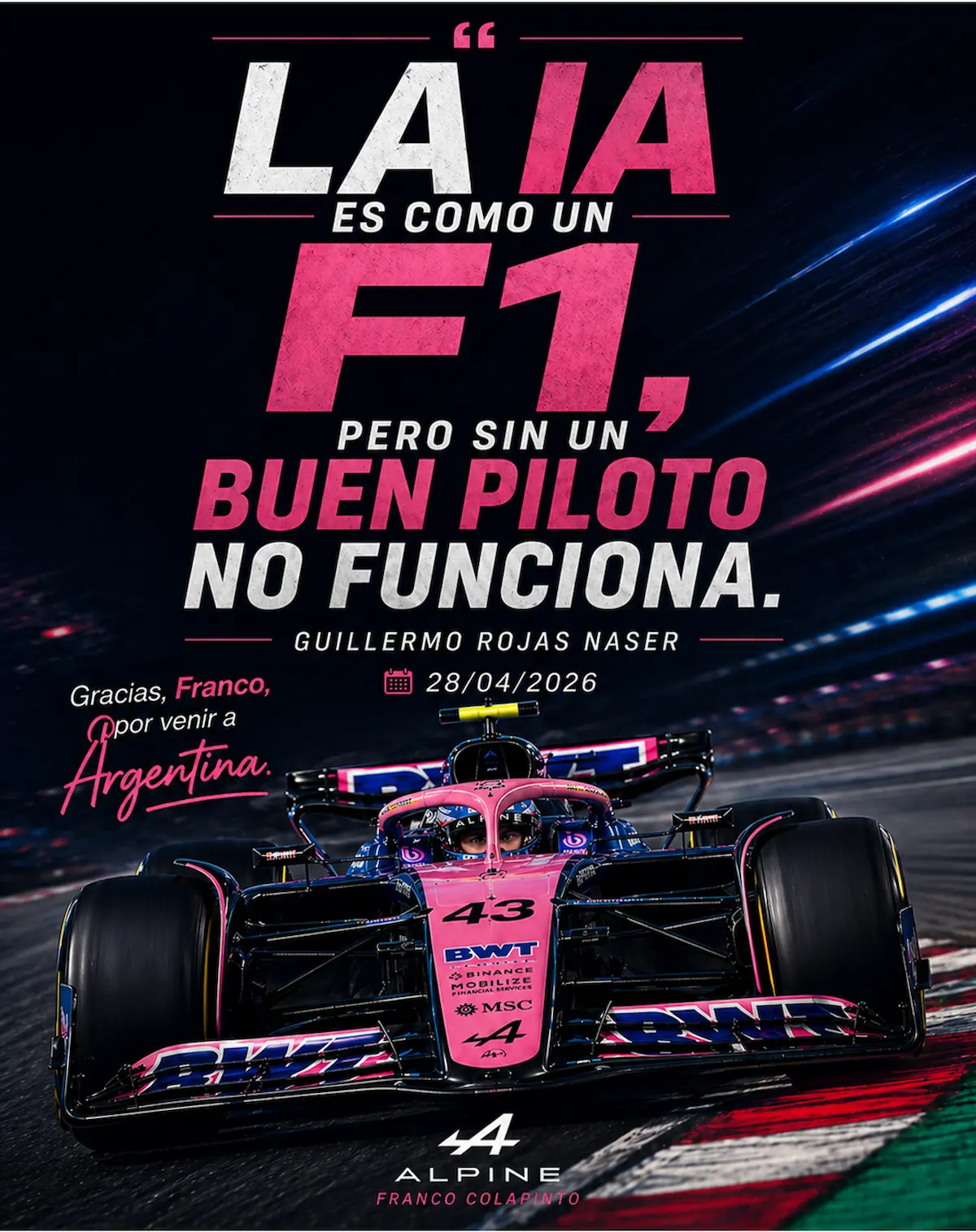 Auto de competición a alta velocidad con una frase sobre inteligencia artificial, conducción estratégica y criterio del hombre.
