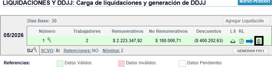 Liquidación aceptada en el Libro de Sueldos Digital con ícono del tacho para eliminarla durante el período de prueba