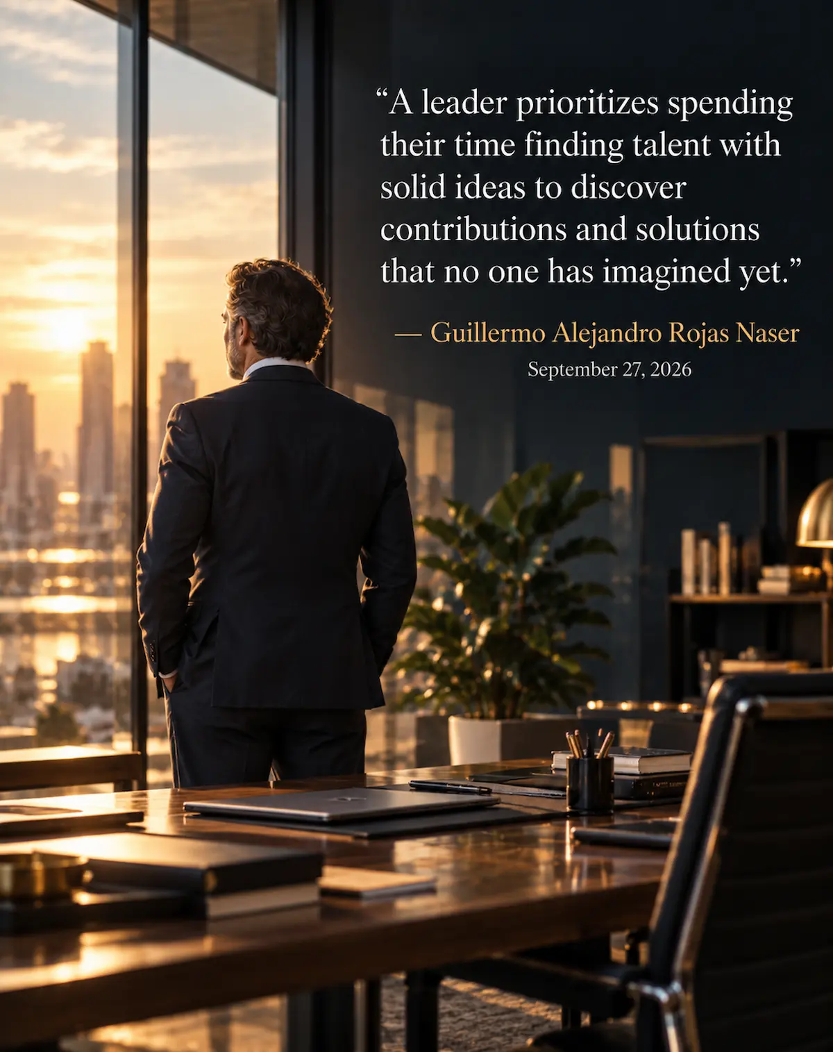 Businessman in a suit, seen from behind, looking at the city at sunset from his office. Quote: "A leader prioritizes spending their time finding talent with solid ideas to discover contributions and solutions that no one has imagined yet." — Guillermo Alejandro Rojas Naser